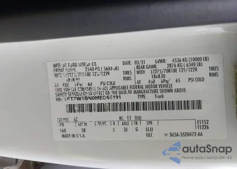 2021 Ford F-250 Lariat z USA, uszkodzony, nr VIN 1FT7W2BN0MED65191